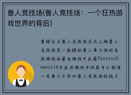 兽人竞技场(兽人竞技场：一个狂热游戏世界的背后)